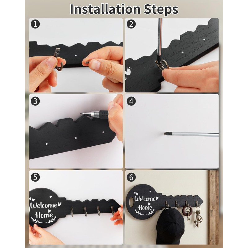 FujDun Wooden Key Holder Wall Mount with 4 Hooks, Black