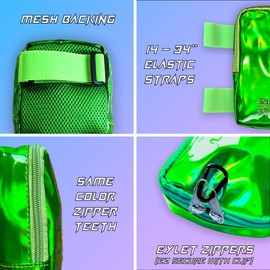 Holographic Thigh Bag w/Inner Pockets & Mesh Backing - Double Zipper Carnival Thigh Bag for Women - Iridescent Leg Bag - Reflective Phone Holder (Green)