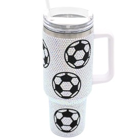 SEM LIFE 40 Oz Rhinestone Bling Tumbler with Handle and Straw (SOCCER), Stainless Steel and Double Wall Insulated