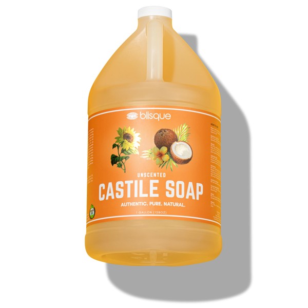 Blisque Organic Castile Soap | Unscented | Pure All Natural Moisturizing Mild Liquid Soap | Biodegradable and Eco-Friendly | With Olive and Coconut Oil | Hypoallergenic for Sensitive Skin | 1 Gallon