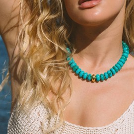 TENTMENTISE Chunky Necklaces for Women - Turquoise Beaded Necklace for Women Trendy, Gold Plated Chunky Turquoise Choker Necklaces, Womens Summer Boho Beach Jewelry Gifts for Vacation Holiday