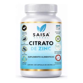 Citrato de Zinc 120 Cáps SAISA HERBAL | Suplemento Alimenticio | Alta Biodisponibilidad | Apoyo Inmunológico y Cuidado de la Piel