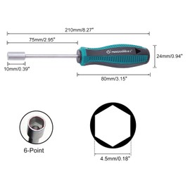 Utoolmart 4.5mm Nut Driver, 6-Point Hex Nut Socket Driver Non-Magnetic Tip, 75mm Round Hollow Shaft Nut Driver for Added High-Torque, Tight Spaces, Precise Tightening Bolts and Nuts