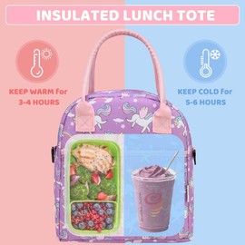 VASCHY Girls Lunch Bag, Insulated Thermal Lunch Bag for Girls Cute Unicorn Portable Lunch Box Bag for School, Picnic with Detachable Shoulder Strap and Front Pocket (Unicorn)