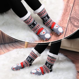 LINEMIN Womens Winter Slipper Socks With Grippers Cozy Warm Cute Fuzzy Slipper Socks (Red Snowflake Penguins)