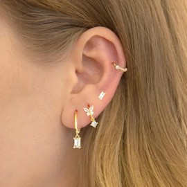 Small Gold Hoop Earrings With White Zircon Drop, Gold Huggie Hoop Earrings For Women 14K Gold Hoops Hypoallergenic Jewelry For Men 2Pairs