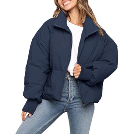 Muchpow Women's Winter Quilted Jacket Long Sleeve Full Zipper Short Warm Jacket With Pockets(Navy,X-Large)