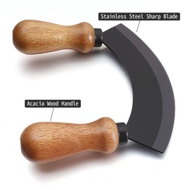 5.4 Inch Stainless Steel Mezzaluna Knife - Salad Chopper Rocker Pizza Cutter Rocker Knife Curved Blade Sharp Blade Double Acacia Wood Handle Fruit Vegetable Mincing (5.4 Inch Black)