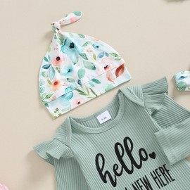 Ayalinggo Hi Im New Here Newborn Outfit Girl Ruffle Romper Shirt Floral Pants Beanie Hat Headband 4Pcs Spring Clothes Set (Hello Green, 0-3 Months)
