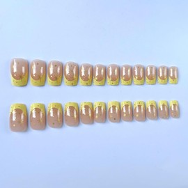 MISUD Press on Nails Short Square Fake Nails Glossy Glue on Nails Summer Acrylic Nails Squoval Yellow French Tip Artificial Nails Gold Star Stick on False Nails with Design 24 pcs