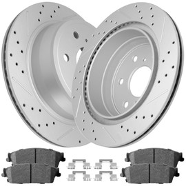 Ceramic Brake Pads and Rotors Kit Rear Drilled Slotted Vented Rotors & Brakes for Chevry (Suburban 1500/ Tahoe) 2007-2014/ Avalanche 2007-2013/ Silverado 1500 2008 2009 2010 2011 2012 2013 4-Wheel