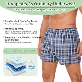 ShieldEase Incontinence Underwear for Men Washable - Reusable Boxer Briefs with Front Fly, Front & Rear Leak Proof, 120ml Absorbency (3 Pack, Plaid Blue White, S)
