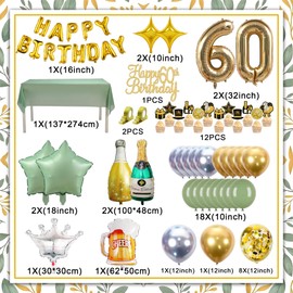 Zaztytoy Balloons Decoration 60th Birthday - Complete Party Set in Green & Gold, Elegant Decoration for Men and Women, High Quality Party Decoration for Anniversaries, Celebrations, Party