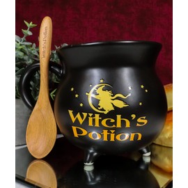 Ebros Wicca Sacred Witch's Potion Crescent Moon Broomstick Flight Reduction Fired Porcelain Cauldron Shaped Bowl Or Large Mug 32oz With Handle And Carved Wooden Spoon Occult Witchcraft Pentagram