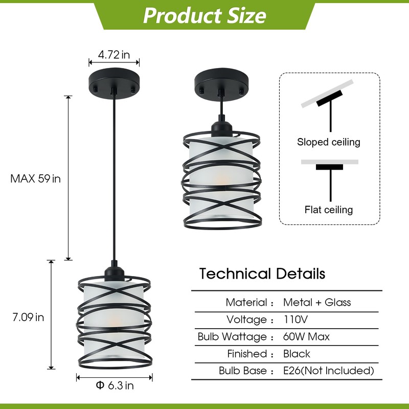 3 PACK Frosted Glass Pendant Light Fixtures 6.3Inch Spiral Metal