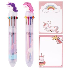 2* 10-in-1 Einhorn Kugelschreiber + 2* Haftnotizen schöner Mitgebsel einziehbarer 10 farben Mehrfarbig Stifte Druckstift Multifunktionsmarker Süße Multicolor Farbwechselstifte für Schüler Geschenk
