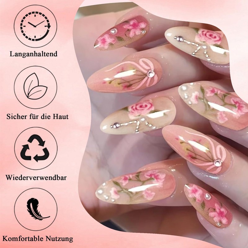 Virellay 3D Handmade Press-On Nails with Charms, Almond False Nails,