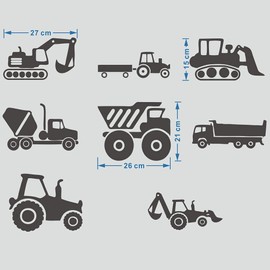 8 Transports Kids Wall Stickers Decals Excavator Bulldozer Mixer Truck Construction Truck Tractor Peel and Stick Removable for Nursery Bedroom Living Room Art murals Decorations JWH130 (Black)