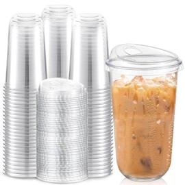 Baderke 100 Pcs Plastic Coffee Cups with Sip Lids Disposable Plastic Cups with Lids Clear Round Bottom Strawless Crystal Mugs for Iced Coffee Smoothie Cold Beverage Party Catering Supplies(18 oz)