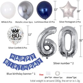 60th Birthday Decorations for Men and Women, 60th Birthday Party Supplies with HAPPY BIRTHDAY Banner and Number 60 Balloons, Silver Navy Blue Theme Party for 60 Years Old Birthday Decorations