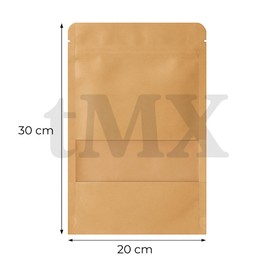 50 Pzas Bolsas Kraft Resellables con Ventana | Stand Up Pouch Ecológicas Impermeables | Cierre Hermético Ziplock | Para Alimentos, Café, Dulces, Semillas | Varios Tamaños (30cmx20cm)