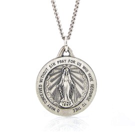 RP Fine Jewelry Virgin Mary Miraculous Round 2 Sided Medal Necklace Solid 925 Sterling Silver 1" Size of a Quarter; With 925 Sterling Silver 24 Inch Chain Product Name