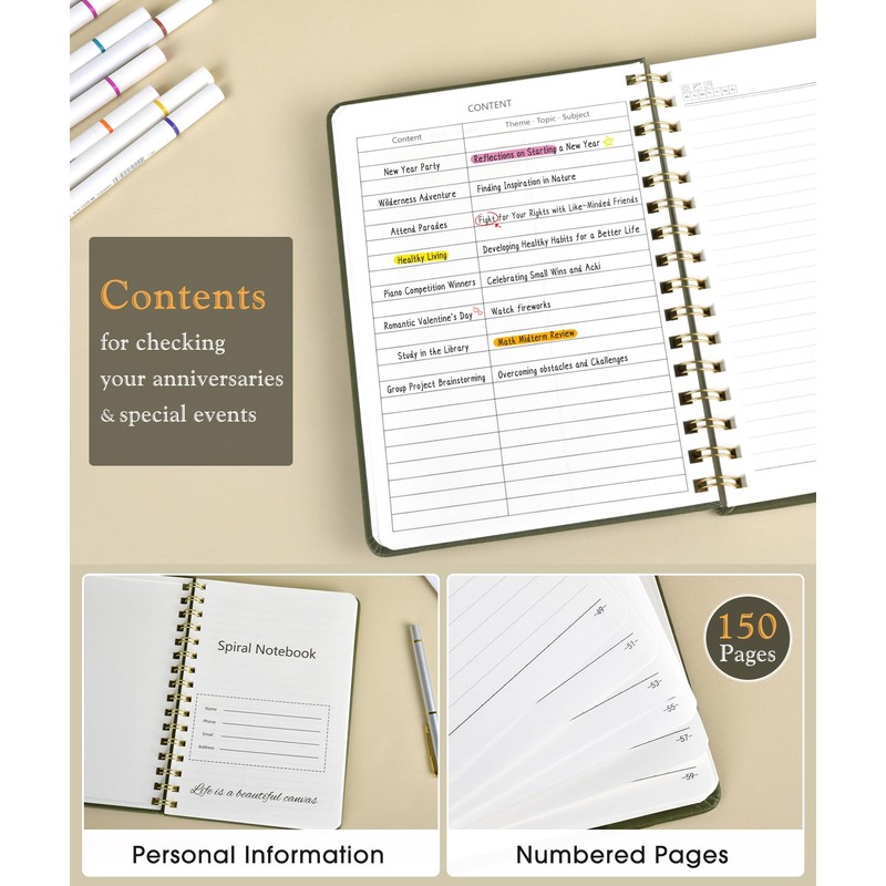 Lined Spiral Journal Notebook, A5 Hardcover Spiral Journals for Women