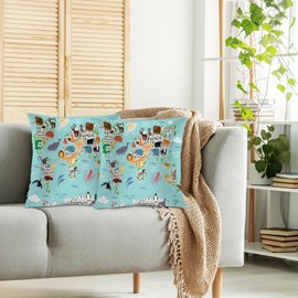 Swono World Map Throw Pillow Covers, Cartoon Forests Animal Map of The World Set of 2 Pillow Cases Decorative 18 X 18 Inches, Soft Cushion Cover Pillowcases for Bedroom, Living Room, Cushion Sofa