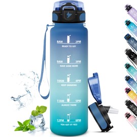 Grsta Trinkflasche 1L, Trinkflasche Sport für Erwachsene, Trinkflasche mit Strohhalm, Leicht zu Reinigen, Trinkflasche mit zeitmarkierung, Wasserflasche für Fitness, Wandern, Camping, Outdoor