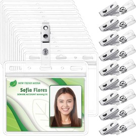 EcoEarth - Horizontal PVC Card Protector with Metal Clips and Vinyl Straps with Soft Edge - Sealable Fits 4x3 inch Inserts - Clear, 10 Pack - Waterproof ID Holder Bulk - ID Card Holder