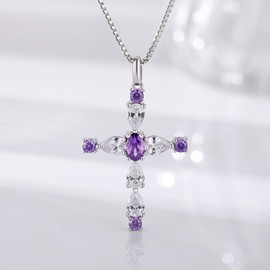 JiayangJY Cross Necklace Sterling Silver Cross Pendant with Sparkling Amethyst Color CZ Vintage Baroque Christian Jewelry