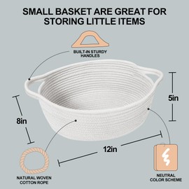 HONCESTA Small Woven Gift Basket, Baskets for Gifts Empty, Cotton Rope Cat Dog Toy Bin Box, Nursery Baby Basket, Wicker Basket with Handles, Cute Storage Basket for Home Decor, White, 12"x 8"x 5"