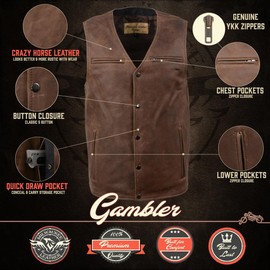 Milwaukee Leather MLM3518 Men's Gambler Snap Front Vintage Crazy Horse Brown Motorcycle Leather Vest - Large