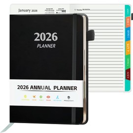 2026 Planner, A5 (5.6"x 8.5") Planner 2026 Jan-Dec, Monthly/Weekly/Daily Tabs with Contacts & Holidays, PU Leather Cover & 100gsm Paper, Organizer for School and Business Supplies (Black)
