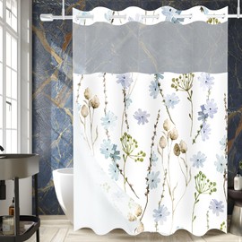 Shower Curtain and Liner Set, No Hooks Shower Curtain with Snap in Fabric Liner, Watercolor Floral Cloth Shower Curtain with Liner for Bathroom, Waterproof & Washable (Blue Plant, 71W X 84H Inches)