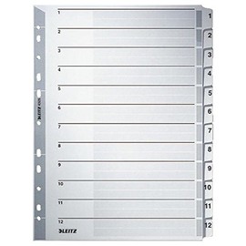 Leitz Index for A4, Cover Sheet and 12 dividers, tabs with Numbers Print 1-12, Perforated Edge and Colourful tabs Film-Reinforced (Mylar), Grey, Cardboard, 43250000