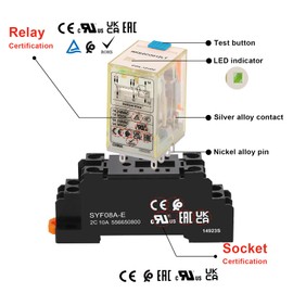 Weasch Power Relay RKE2CO012LT, DC 12V Coil, 8 Pin 7A, DPDT 2NO 2NC, with LED Indicator Light Test Button and Socket Base, UL Certification (1)