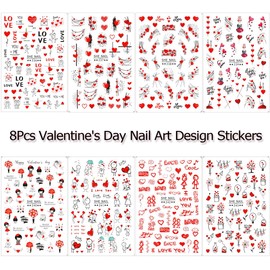 LRKNNO 8 Sheets Valentine's Day Nail Decals Self-Adhesive 3D Heart Nail Art Stickers Romantic Girl Red Love Heart Letter Line Nail Art Supplies DIY Nails Design Valentines Nail Decorations for Women