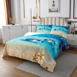Homewish Cute Dolphin Bedspread Queen,Starfish Coral Marine Life Coverlet Set 3pcs for Kids Teens Adults Room Decor,Hawaii Beach Quilted Coverlet Blue Romantic Bedding Quilt with 2 Pillowcases
