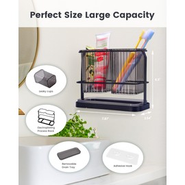 KONE Black Toothbrush Holders for Bathrooms, 2 Cups Toothbrush Holders Wall Mounted, Dry & Wet Separation, Bathroom Organizers and Storage, Bathroom Toothbrush Holder Set for Family Kids