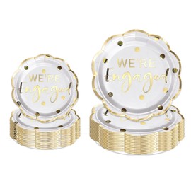 LeZakaa 50Pcs Wedding Paper Plates Sets- We're Engaged Lettering in Gold Design Disposable Party Plates Decorative Tableware Supplies for Wedding, Engagement, Bridal Shower - 7 Inch & 9 Inch