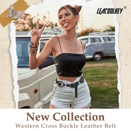 LEACOOLKEY Women Western Leather Belt Boho Cross Conch Waist Belt for Dress Jeans Total Length 51" Suit for Waist Size 41"-45"