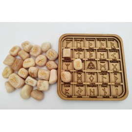 Sharvgun Peach Moonstone Rune Set 25 Piece Set with Runic MDF Wood Chart Engraved Symbolic Pagan Lettering Velvet Black/Red Pouch Included Gift Box