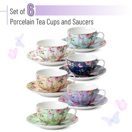 BTaT- Floral Tea Cups and Saucers, 7 oz, Tea Cups Set of 6, Porcelain Tea Cups, Cup & Saucer Sets, Tea Cup Set of 6, Tea Cup Sets for Adults, Tea Cups and Saucers Set of 6, Tea Cups and Sets