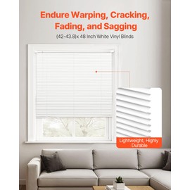 VEVOR Mini Blinds, 43.3" W x 48" H, 1" Slat Size, Cordless Horizontal Light Filtering No-Drill Mini Blind for Indoor Windows, Easy to Clean and Adjustable, for Home Decor, Room Darkening, White