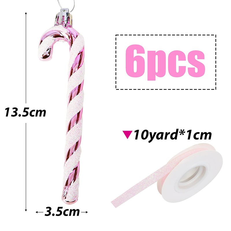 6pcs Candy Cane Christmas Decorations Glitter Pink Christmas Tree Decorations