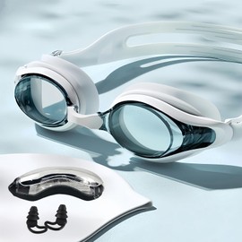 Vyloky - Optical swimming goggles with dioptres, one-piece swimming goggles. With earplugs. Degree number -1.5 to -8.0. Anti-fog and UV protection. Interchangeable nose pads. Case included. (White