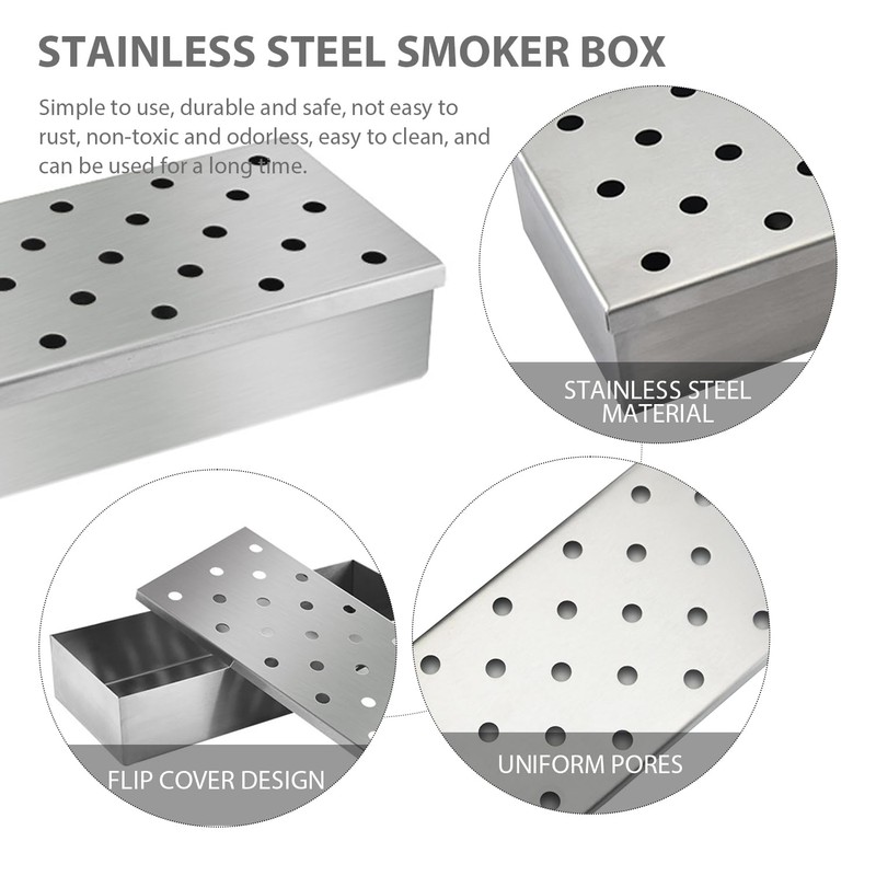 MEMOFYND Smoker Box, Stainless Steel, Rectangular, Silver, Barbecue Accessories