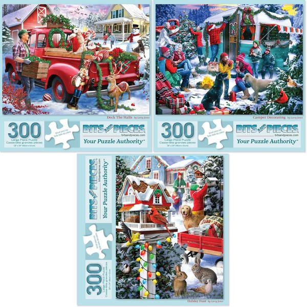 Bits and Pieces - Value Set of Three (3) 300 Piece Jigsaw Puzzles for Adults - Puzzles Measure 18' x 24' - 300 pc Camp Holiday Tree Christmas Winter Bird House Snow Truck Jigsaws by Artist Larry Jones