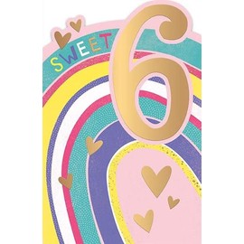 Words 'n' Wishes Milestone Age 6 Female Birthday Card for Girls - 'Sweet' Rainbow Stripes and Hearts with Gold Foil and Die Cut Edge - Made in England